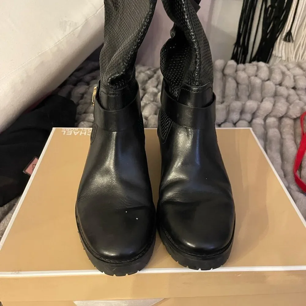 Womens MICHAEL Michael Kors Daria Flat Mid-Calf biker Boot black leather nib nwt